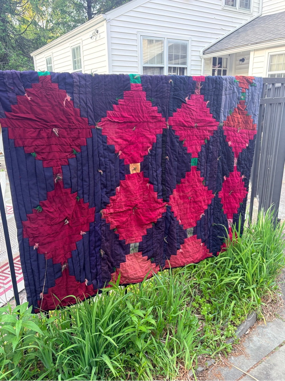 Handmade Patchwork Quilt - Deep Red, Navy - Picture 2 of 12
